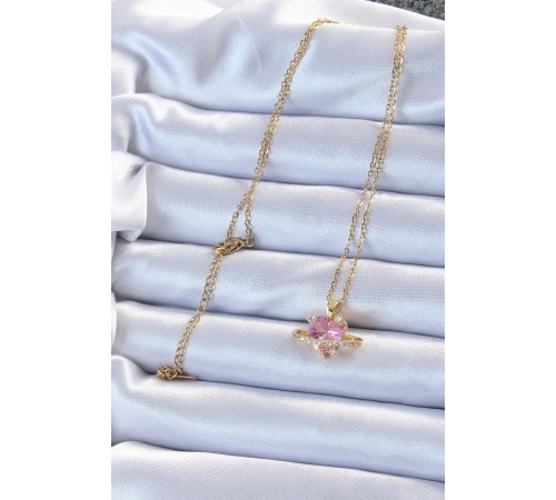 316L Çelik Zincir Altın Renk Pembe Zirkon Taşlı Satürn Görünümlü Kalp Kolye