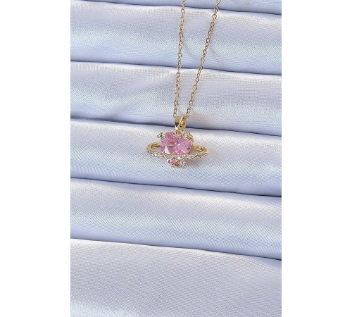 316L Çelik Zincir Altın Renk Pembe Zirkon Taşlı Satürn Görünümlü Kalp Kolye