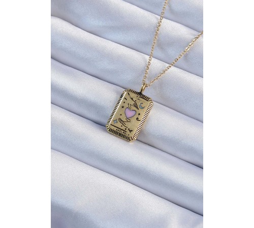 316L Çelik Zincir Eskitme Altın Renk Pembe Mineli Kalp Figürlü Tarot Kolye