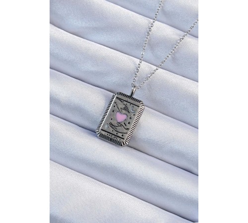 316L Çelik Zincir Eskitme Gümüş Renk Pembe Mineli Kalp Figürlü Tarot Kolye