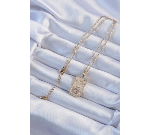 316L Çelik Zincir Altın Renk Lila Zirkon Taşlı Tarot Kolye