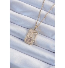 316L Çelik Zincir Altın Renk Lila Zirkon Taşlı Tarot Kolye