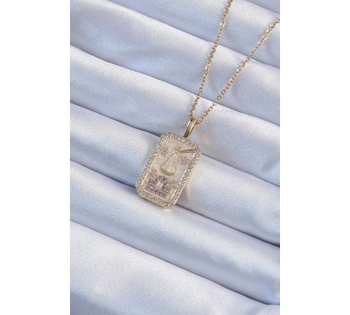 316L Çelik Zincir Altın Renk Lila Zirkon Taşlı Tarot Kolye