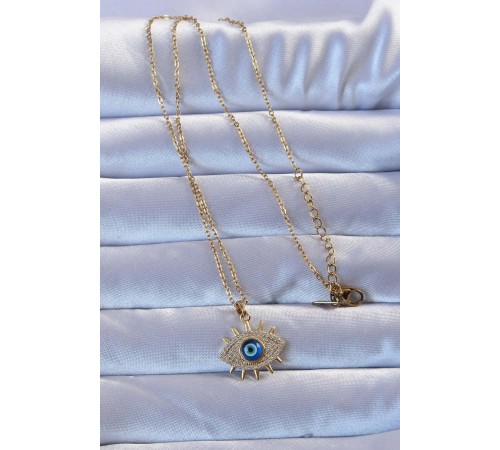 316L Altın Renk Zirkon Taşlı Nazarlı Göz Kolye