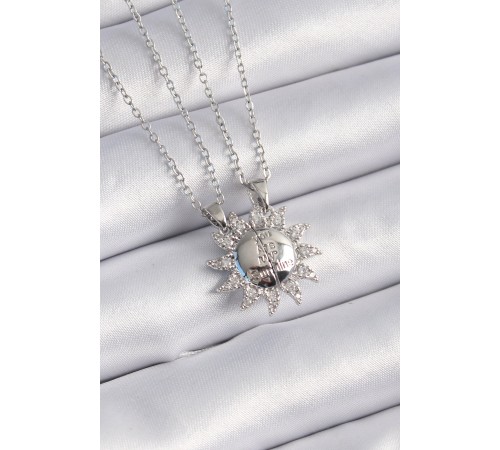 316L Çelik Gümüş Renk Zirkon Taşlı Güneş Model İşleme Yazı Detay Arkadaşlık Kolyesi