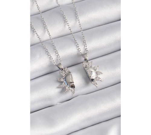 316L Çelik Gümüş Renk Zirkon Taşlı Güneş Model İşleme Yazı Detay Arkadaşlık Kolyesi