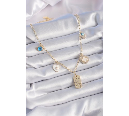 Gold Renk Zirkon Taşlı Çoklu Figür Model Şans Kolyesi