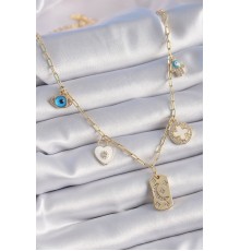 Gold Renk Zirkon Taşlı Çoklu Figür Model Şans Kolyesi