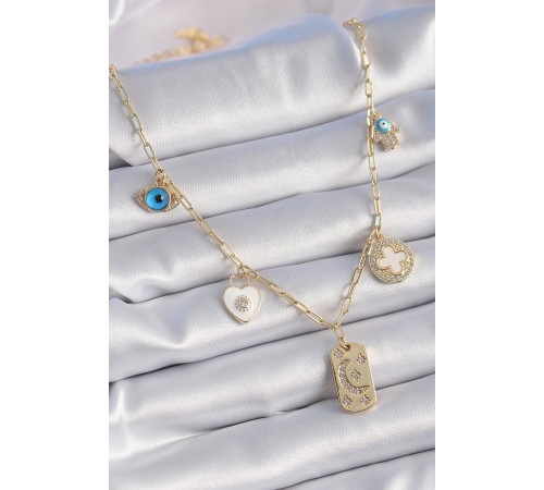 Gold Renk Zirkon Taşlı Çoklu Figür Model Şans Kolyesi