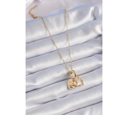 316L Çelik Gold Renk Zirkon Taşlı Sonsuzluk Kalp Figür Charm Model Kadın Kolye