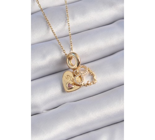 316L Çelik Gold Renk Zirkon Taşlı Sonsuzluk Kalp Figür Charm Model Kadın Kolye