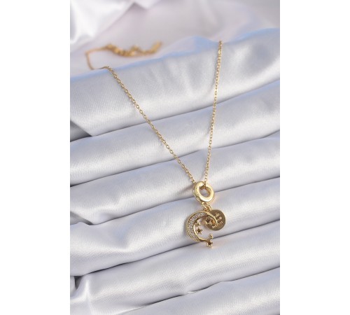 316L Çelik Gold Renk Zirkon Taşlı Ay Yıldız  Model Charm Model Kadın Kolye