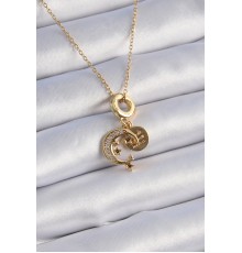 316L Çelik Gold Renk Zirkon Taşlı Ay Yıldız  Model Charm Model Kadın Kolye