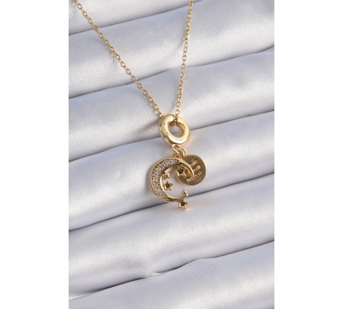 316L Çelik Gold Renk Zirkon Taşlı Ay Yıldız  Model Charm Model Kadın Kolye
