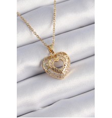 316L Çelik Gold Renk Zirkon Taşlı Kalp Model Vintage Kadın Kolye