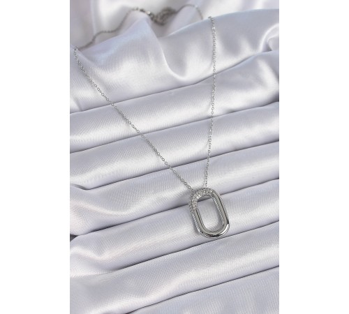 316L Çelik Zincir Gümüş Renk Zirkon Taşlı Oval Halka Model Kadın Kolye