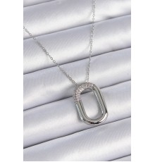 316L Çelik Zincir Gümüş Renk Zirkon Taşlı Oval Halka Model Kadın Kolye