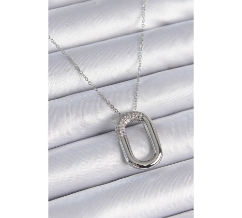 316L Çelik Zincir Gümüş Renk Zirkon Taşlı Oval Halka Model Kadın Kolye