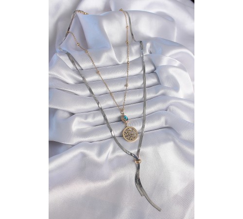 316L Çelik Mix Renk Filiz Figür Nazar Boncuk Detay Uzun Kadın Kolye