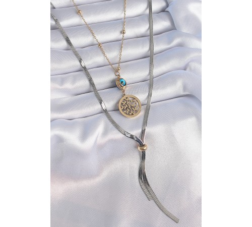 316L Çelik Mix Renk Filiz Figür Nazar Boncuk Detay Uzun Kadın Kolye