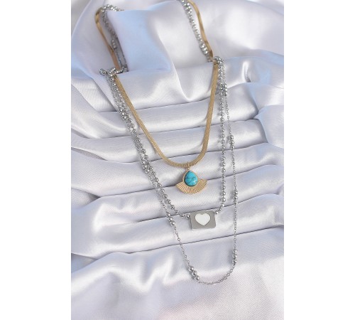 316L Çelik Mix Renk 3'lü Zincir Damla Madalyon Figür Uzun Kadın Kolye