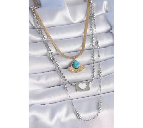 316L Çelik Mix Renk 3'lü Zincir Damla Madalyon Figür Uzun Kadın Kolye