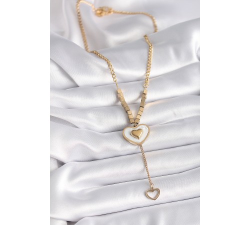 316L Çelik Gold Renk Beyaz Sedefli Kalp Model Sallantı Detay Kadın Kolye