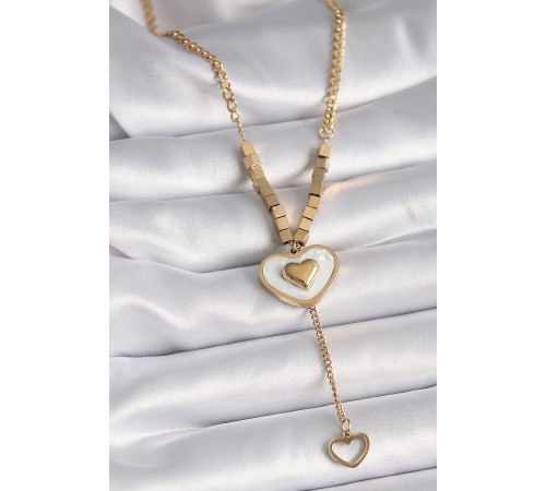 316L Çelik Gold Renk Beyaz Sedefli Kalp Model Sallantı Detay Kadın Kolye