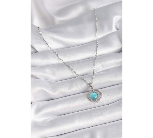 316L Çelik Gümüş Renk Mavi Sedefli Hilal Model Kadın Kolye