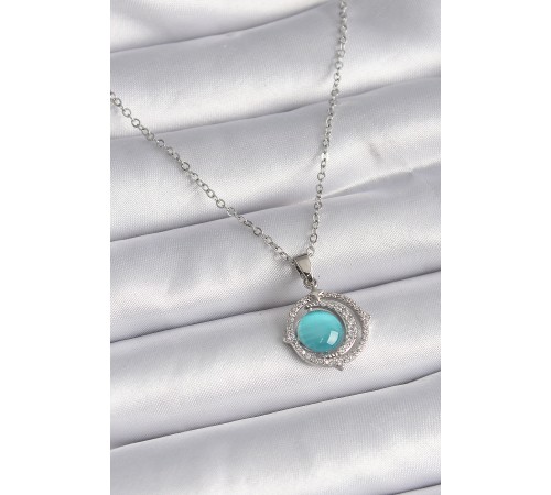 316L Çelik Gümüş Renk Mavi Sedefli Hilal Model Kadın Kolye