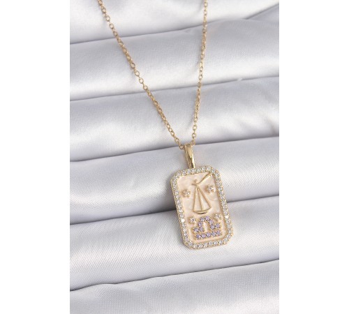 316L Çelik Gold Renk Zincir Terazi Burcu Zirkon Taşlı Kadın Kolye