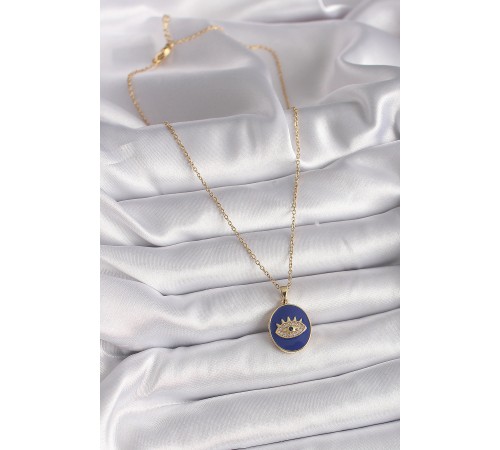 316L Çelik Gold Renk Zincir Mavi Mineli Zirkon Taşlı Göz İşleme Kadın Kolye