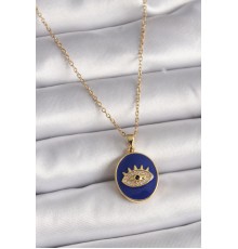 316L Çelik Gold Renk Zincir Mavi Mineli Zirkon Taşlı Göz İşleme Kadın Kolye