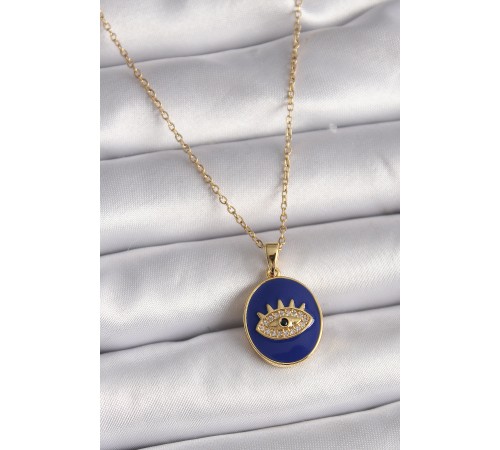 316L Çelik Gold Renk Zincir Mavi Mineli Zirkon Taşlı Göz İşleme Kadın Kolye