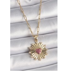 316L Çelik Gold Renk Pembe Zirkon Taşlı Kalp İşleme Madalyon Model Kadın Kolye