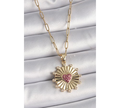 316L Çelik Gold Renk Pembe Zirkon Taşlı Kalp İşleme Madalyon Model Kadın Kolye