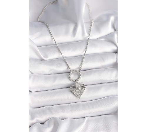 316L Çelik Gümüş Renk Topçuk Zincir Zirkon Taşlı Üçgen Model Kadın Kolye