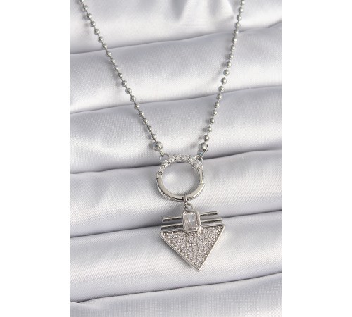 316L Çelik Gümüş Renk Topçuk Zincir Zirkon Taşlı Üçgen Model Kadın Kolye