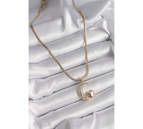 316L Çelik Gold Renk Çelik İtalyan Zincir Zirkon Taşlı Halil Figür Kalp Detay Kadın Kolye