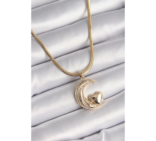 316L Çelik Gold Renk Çelik İtalyan Zincir Zirkon Taşlı Halil Figür Kalp Detay Kadın Kolye