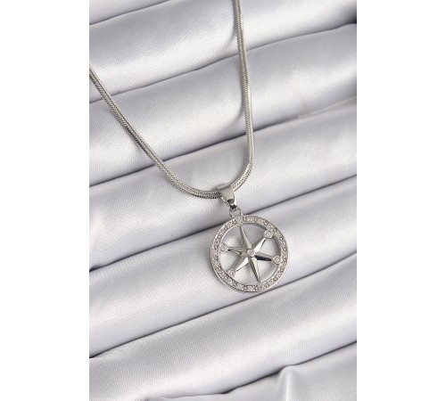 316L Çelik Gümüş Renk İtalyan Zincir Zirkon Taşlı Kutup Yıldız Model Kadın Kolye
