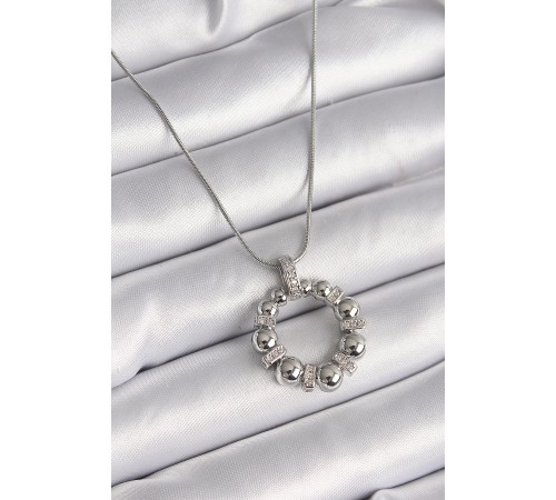 316L Çelik Gümüş Renk Zincir Zirkon Taş Detaylı Bombeli Halka Model Kadın Kolye