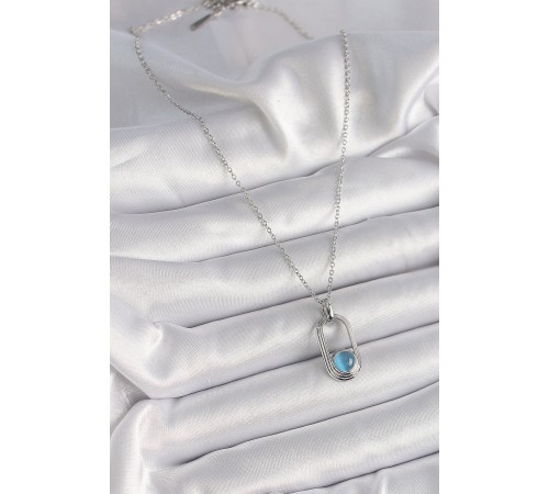 316L Çelik Gümüş Renk Zincir Mavi Kedi Göz Model Kadın Kolye