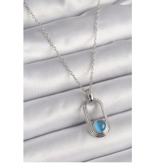 316L Çelik Gümüş Renk Zincir Mavi Kedi Göz Model Kadın Kolye