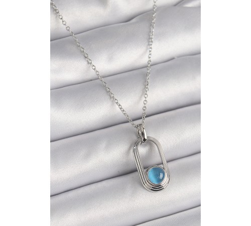 316L Çelik Gümüş Renk Zincir Mavi Kedi Göz Model Kadın Kolye