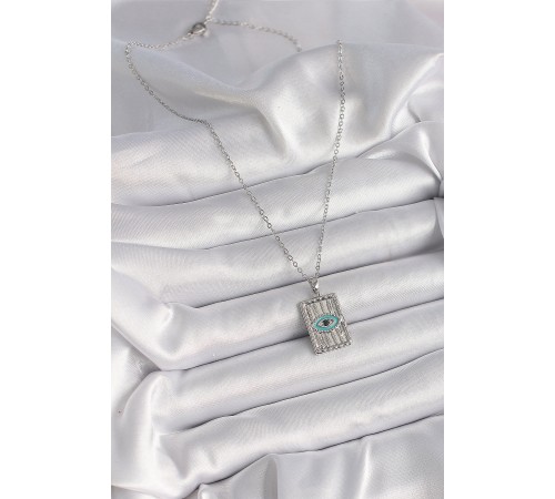 316L Çelik Gümüş Renk Zirkon Taşlı Göz İşleme Detaylı Plaka Model Kadın Kolye