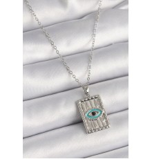 316L Çelik Gümüş Renk Zirkon Taşlı Göz İşleme Detaylı Plaka Model Kadın Kolye