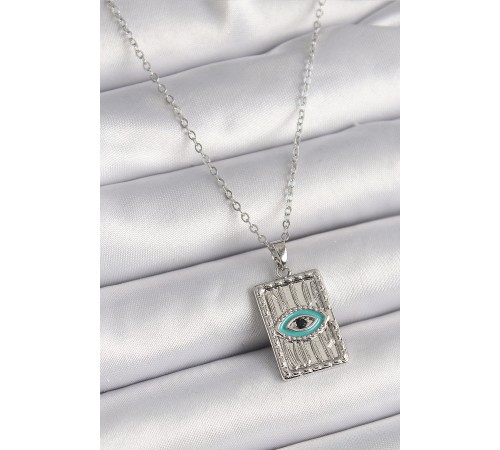 316L Çelik Gümüş Renk Zirkon Taşlı Göz İşleme Detaylı Plaka Model Kadın Kolye
