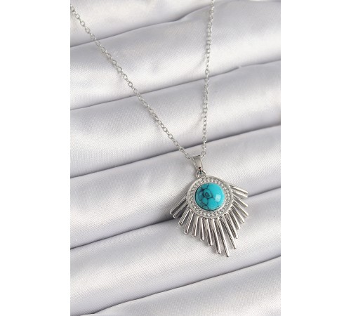 316L Çelik Gümüş Renk Zincir Mavi Boncuklu Zirkon Taşlı Kadın Kolye