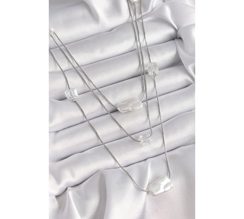 Pirinç Gümüş Renk Ezme İnci Model Çoklu Kadın Kolye